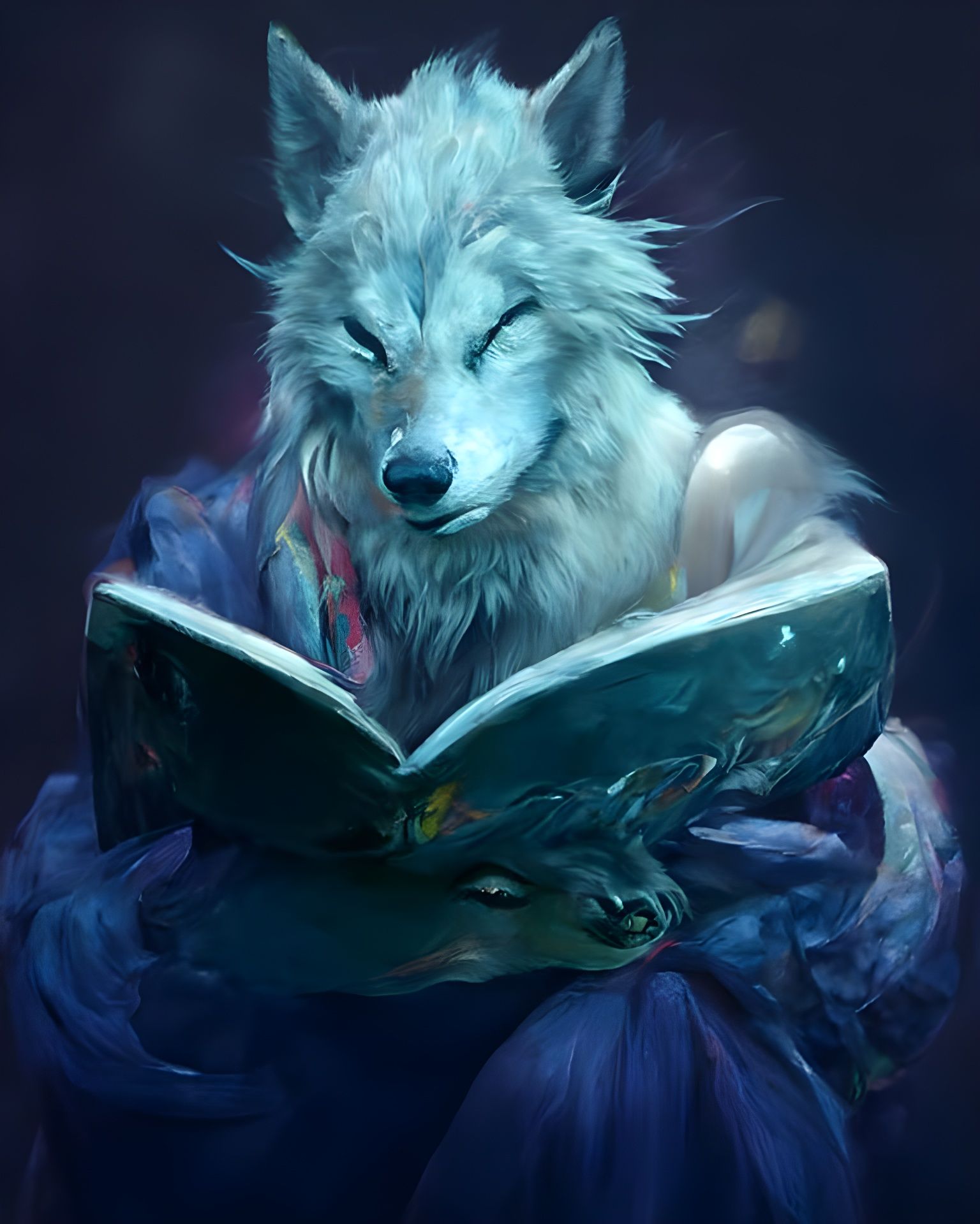 Anthropomorphic Wolf Reading Grimoire in Oil Painting Style