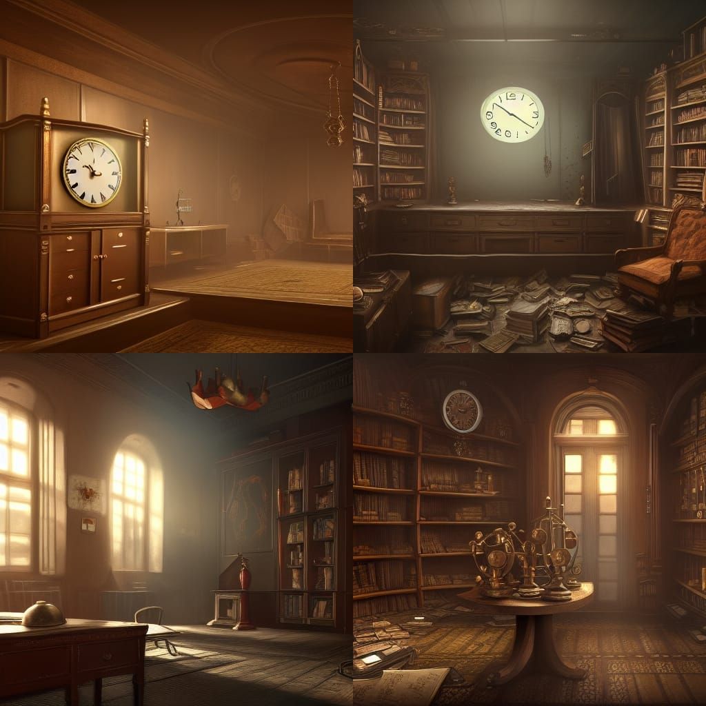 Surreal Backrooms Library with Clock and Trophy