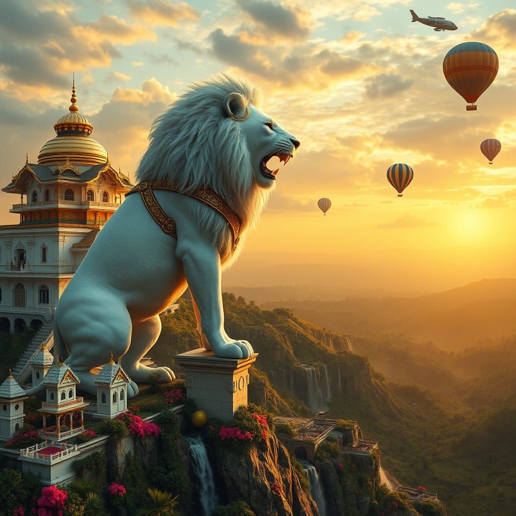 White Lion Roars From Golden Palace at Sunset