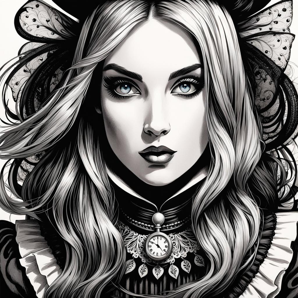 Alice in Wonderland Portrait in Moody Ink Illustration