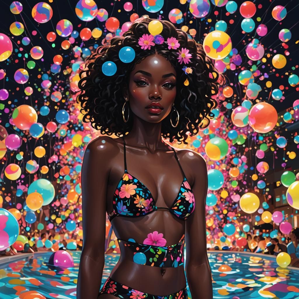 Neon Pool Party: Hourglass Model in Digital Art Style