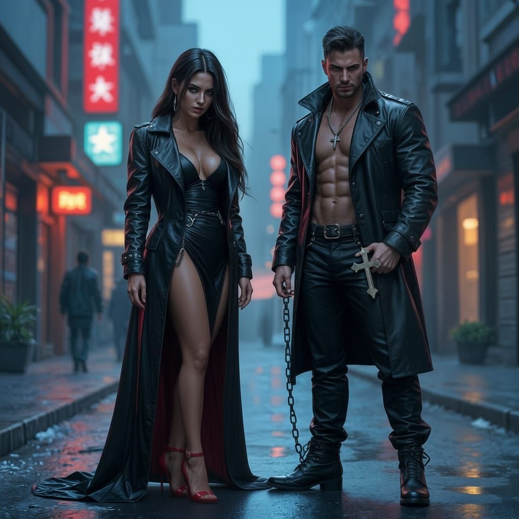 Cyberpunk Vampire Woman with Neon Highlights