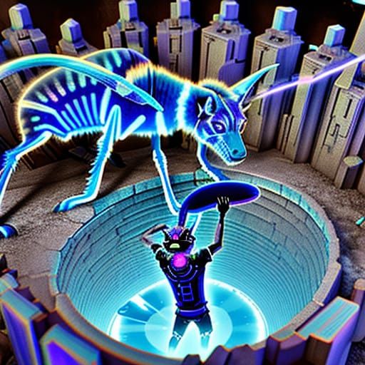 Intricate Glitch Art of Wasp Wolf Rescuing Puppy