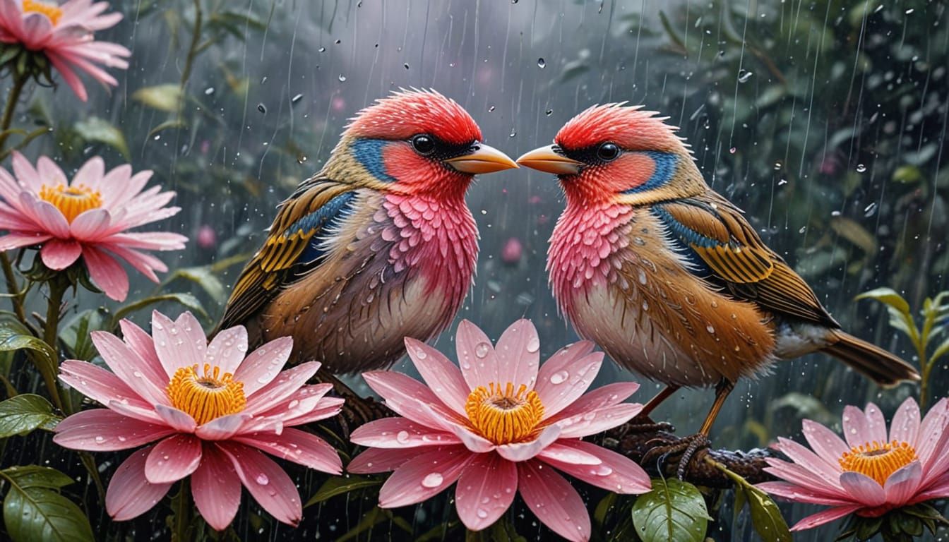 Birds in Pink Flower During Rainfall, Hyperrealistic Oil Pai...