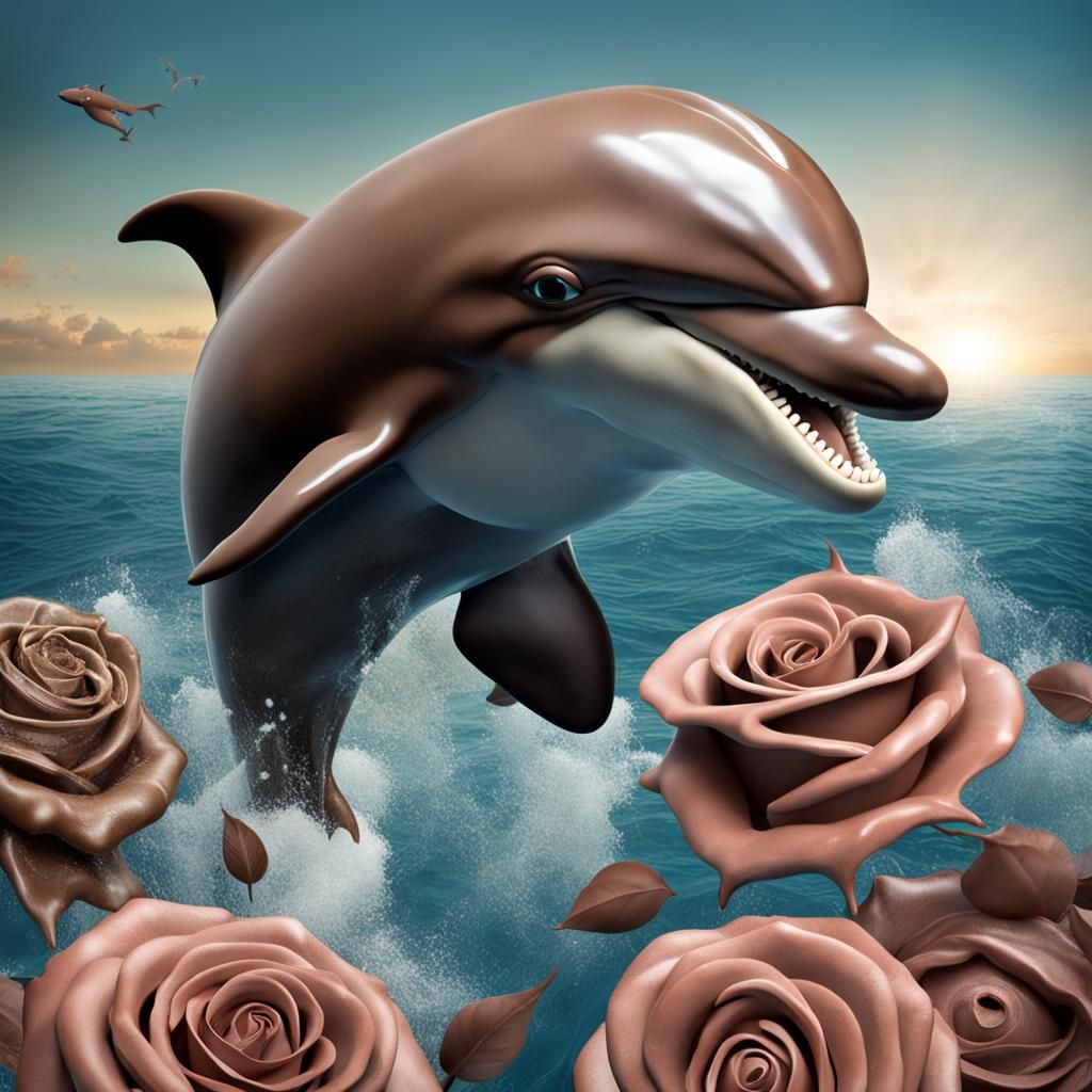 Dolphin with Rose Swimming in Chocolate Sea