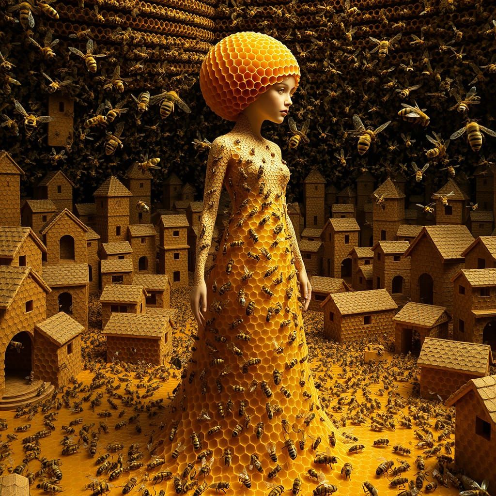 Surreal Queen of the Bees in Honeycomb City