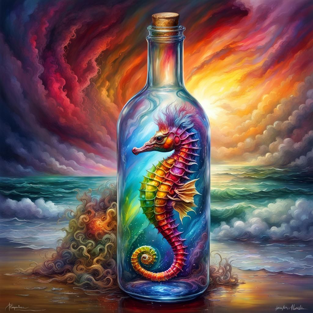Seahorse in a Bottle with Rainbow Reflection