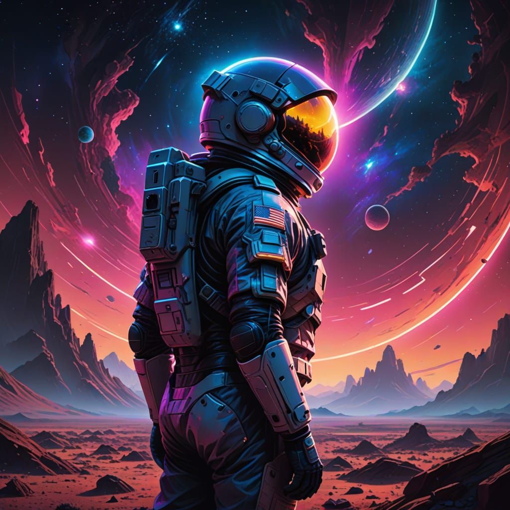 Astronaut on Alien Planet Gazing at Nebula in Synthwave