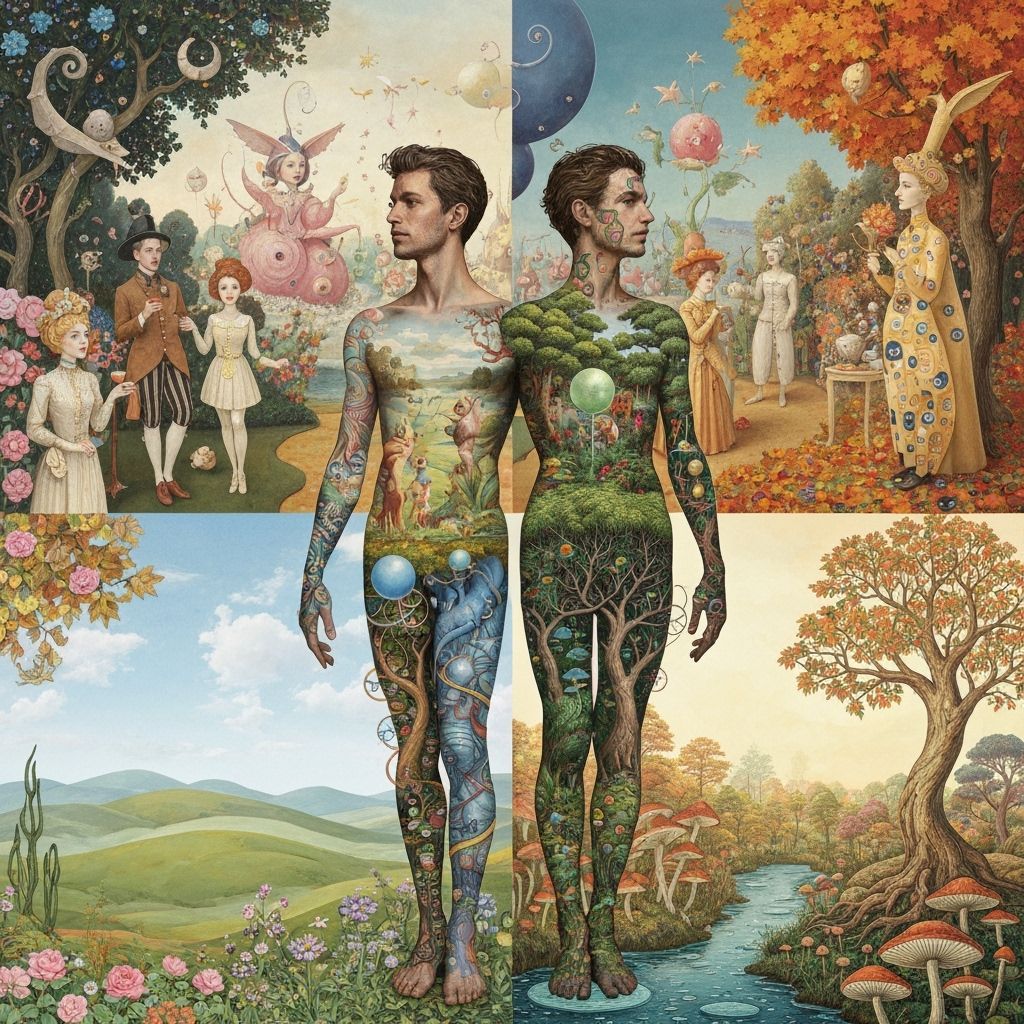 Surreal Garden Party in Ethereal Mixed-Media Style