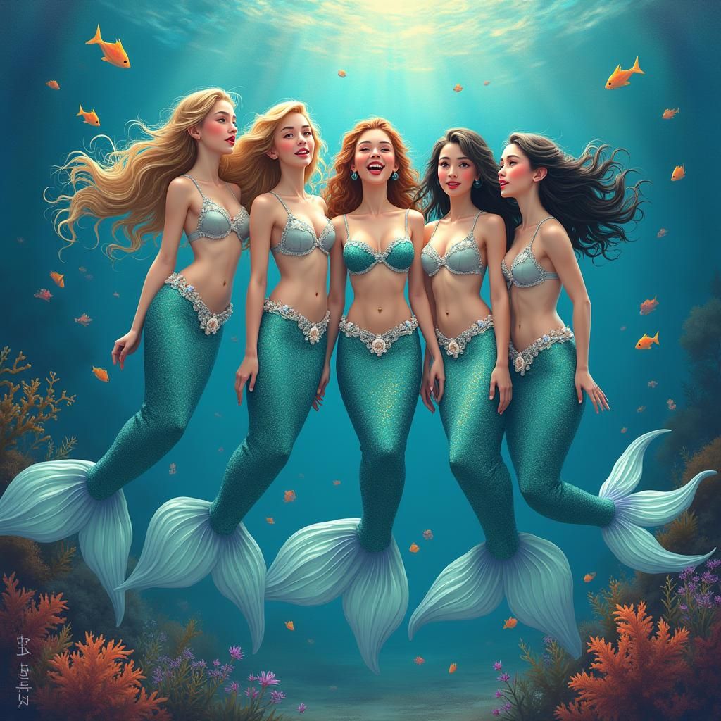Harmonious Mermaids in an Ethereal Underwater Scene