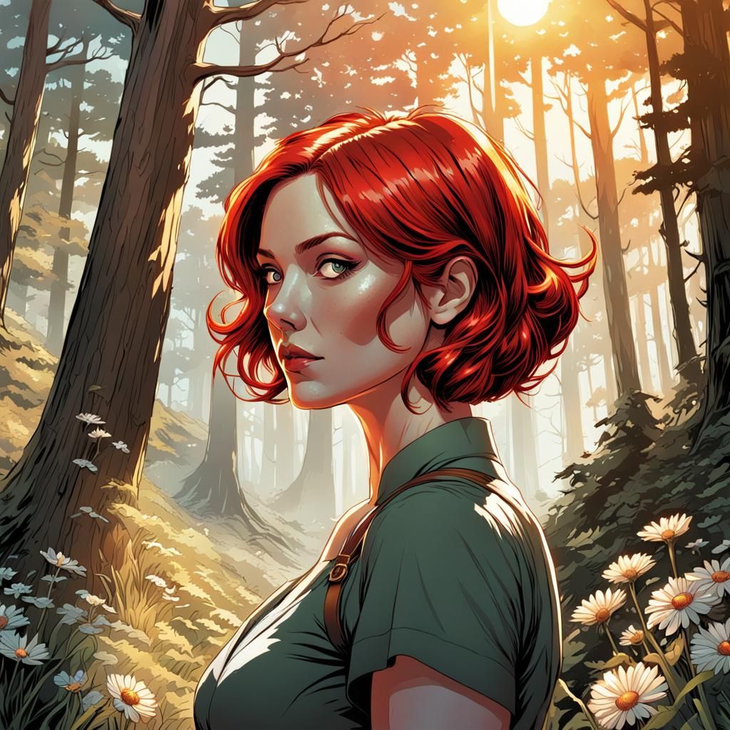 Red-Haired Woman in Forest, Comic Style Line Art