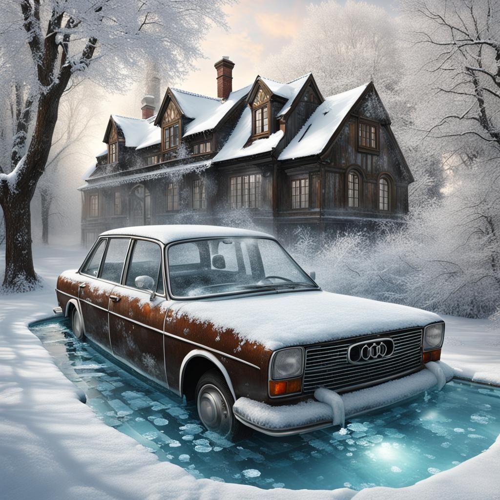 Icy Spring Scene with Burning Car and Steampunk Engine