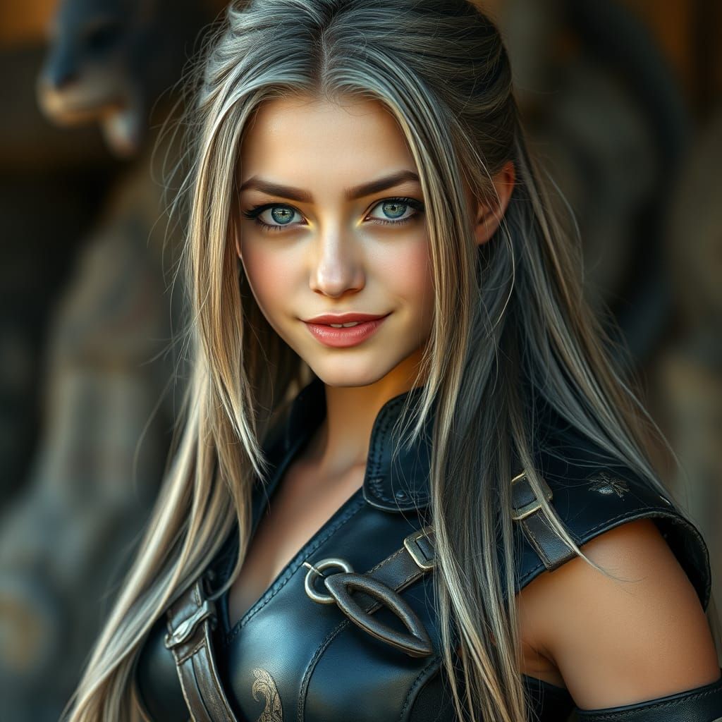 Cyberpunk Warrior Woman with Grey Hair and Film Grain