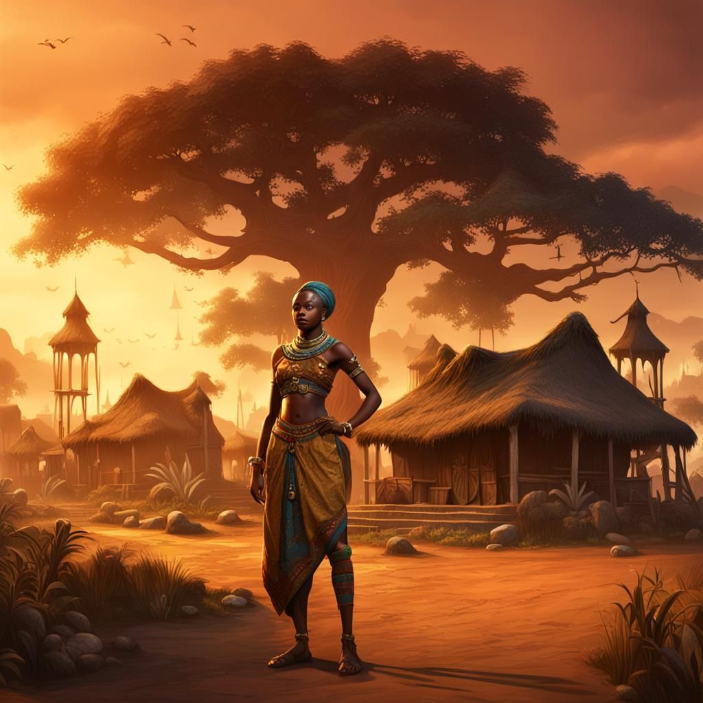 African Princess in Village Square: Detailed Matte Painting