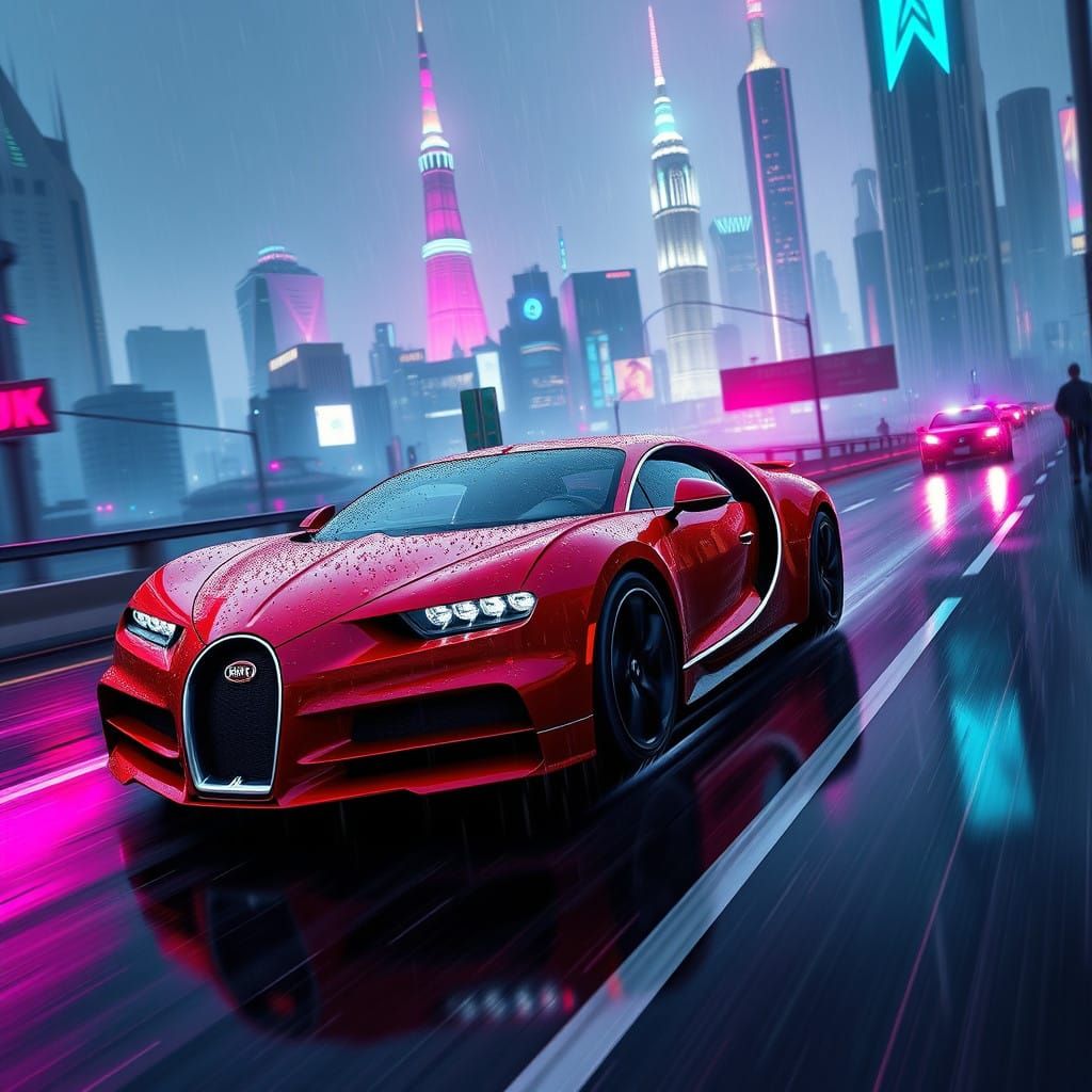 Futuristic Bugatti Speeds Through Dreamlike Cityscape