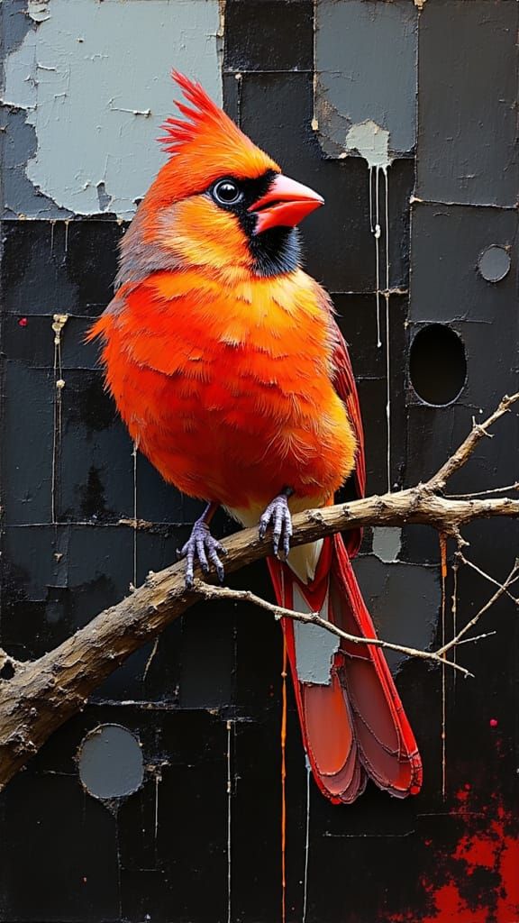 Cardinal bird perched on a twistd, gnarly branch