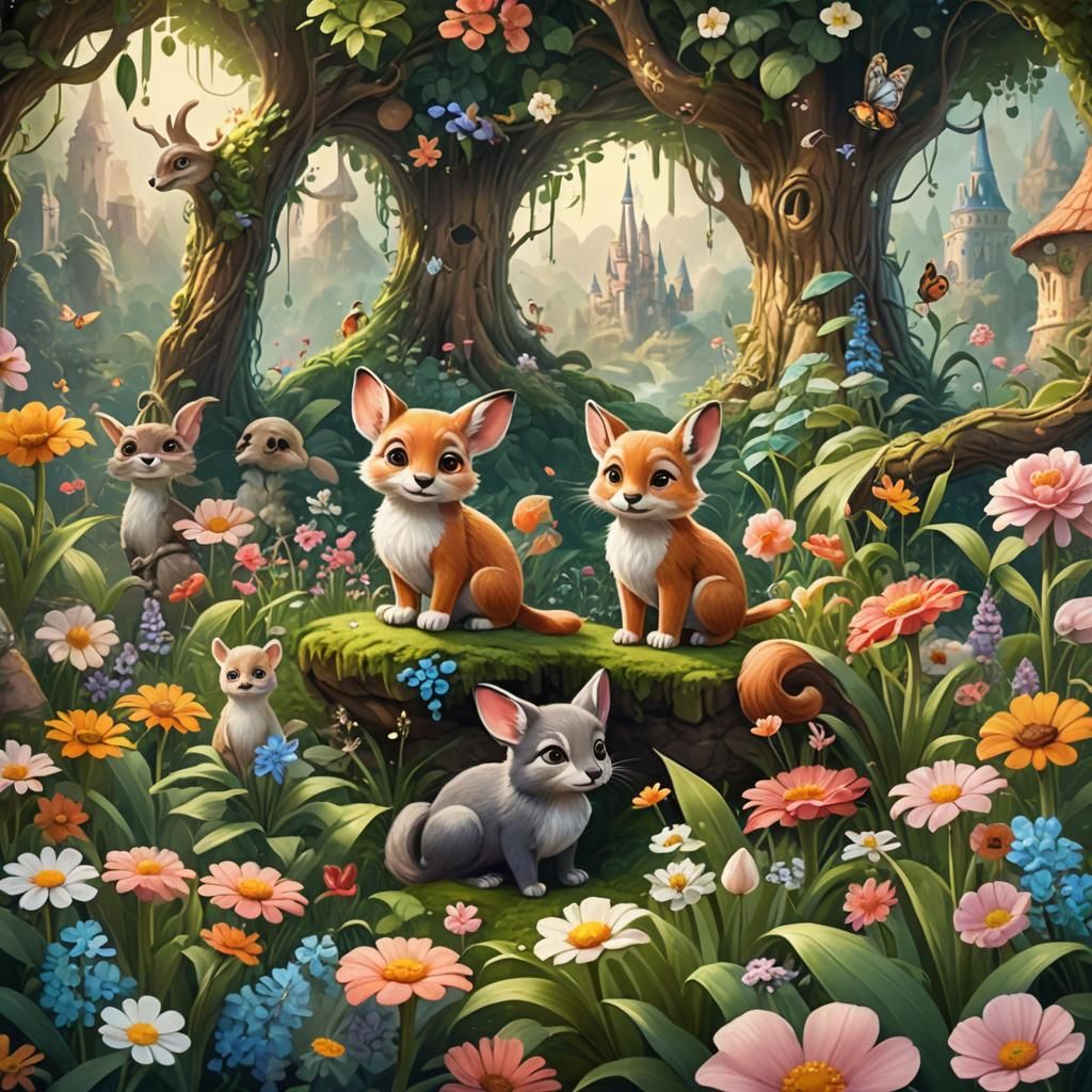 Cute Animals Explore Magical Kingdom: Disney-Style Digital P...