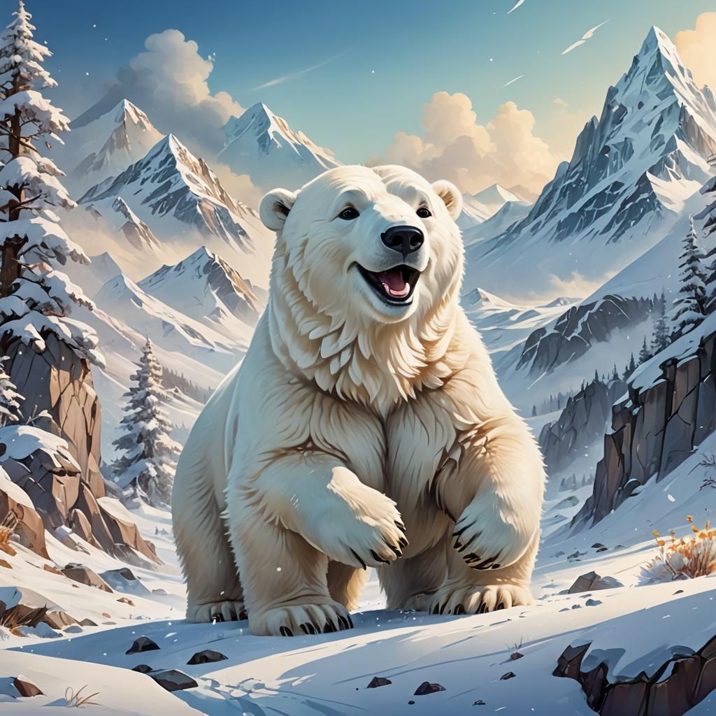 Joyful Polar Bear Cartoon in Watercolor Style