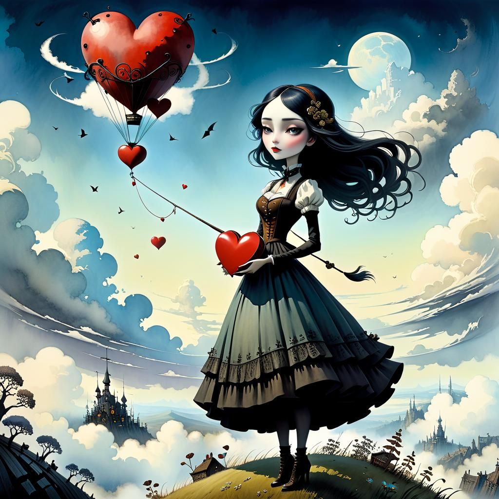 Surreal Girl with Big Heart: Watercolor Masterpiece
