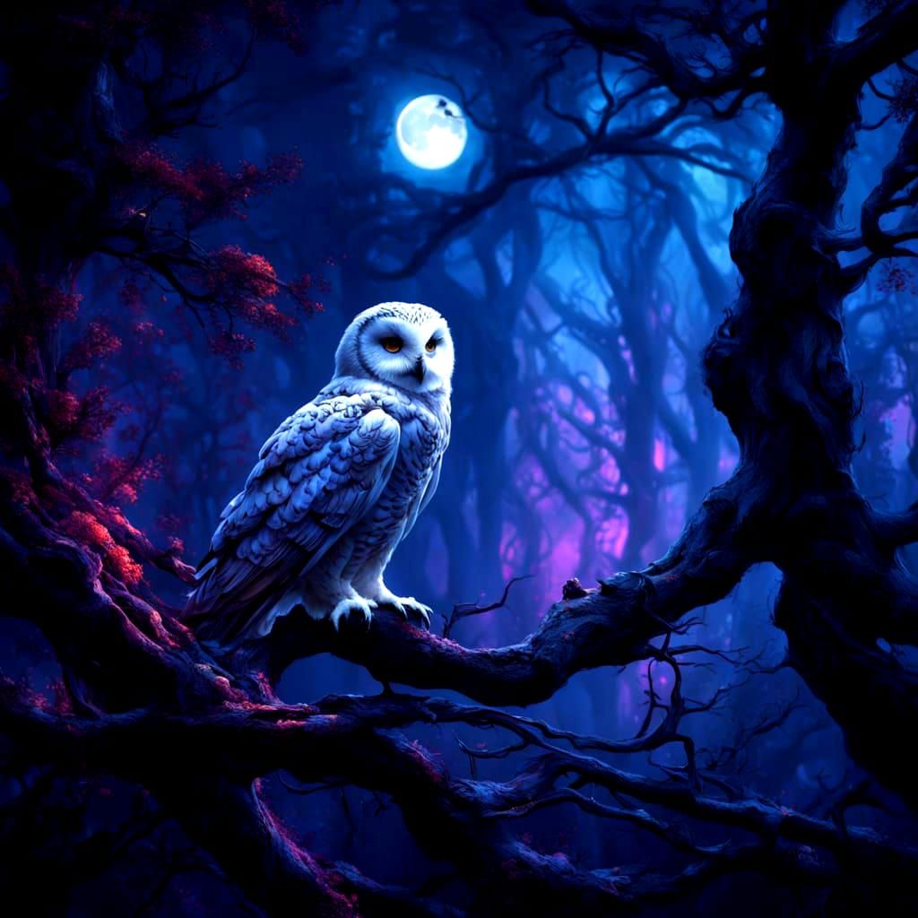 White Owl with Alien Eyes in Misty Night