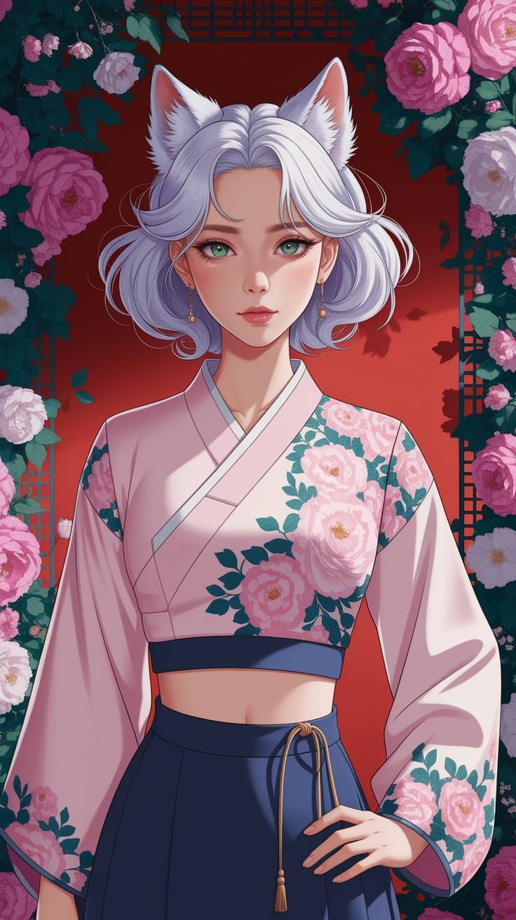 Elegant Wolf-Eared Woman in Modern Shoujo Hanbok