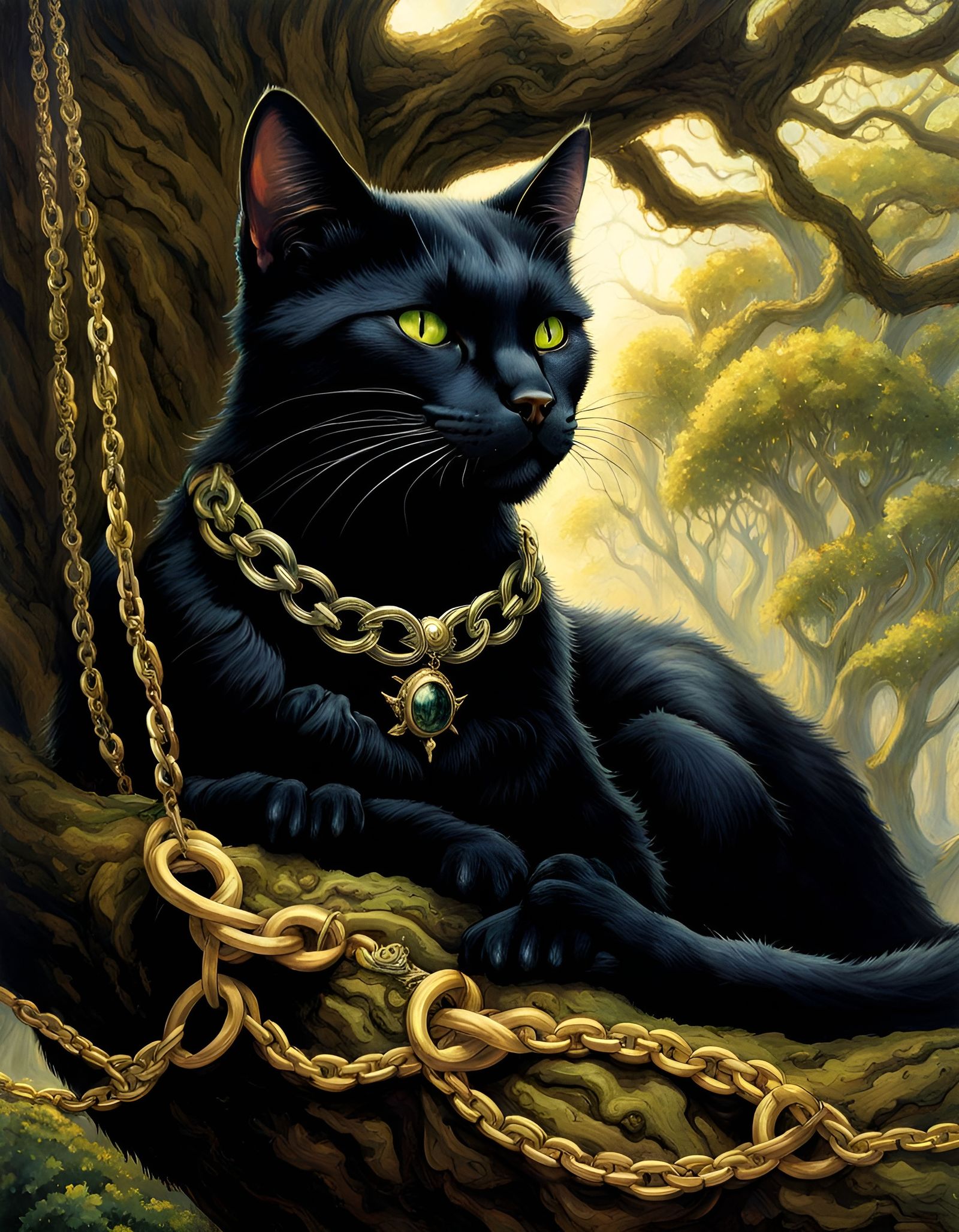 Dark Fantasy Cat on Oak Tree with Golden Chains