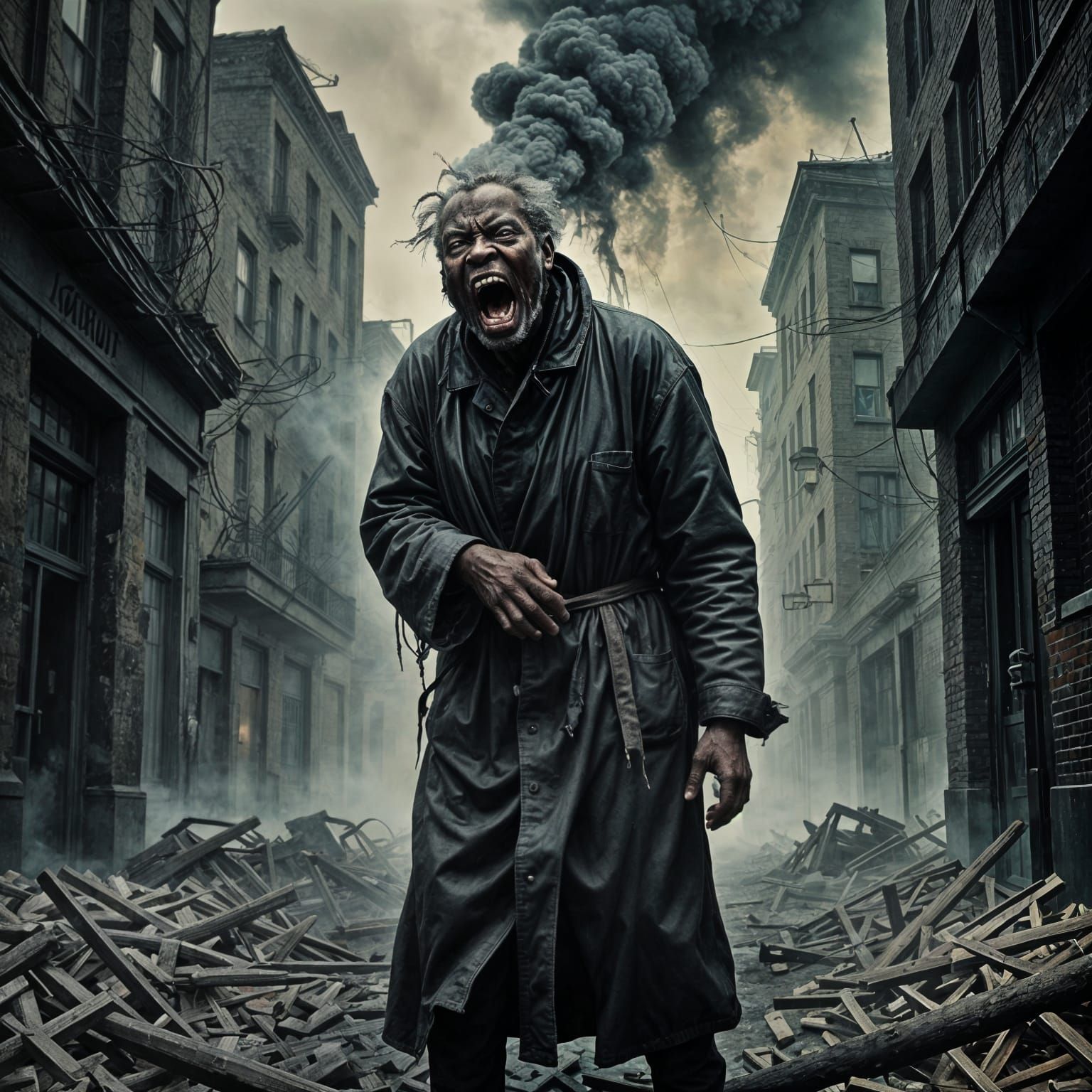 Distraught Elderly Man Consumed by Dystopian Horror