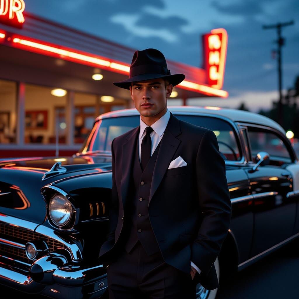 1950s Film Noir Scene with Man and Classic Car