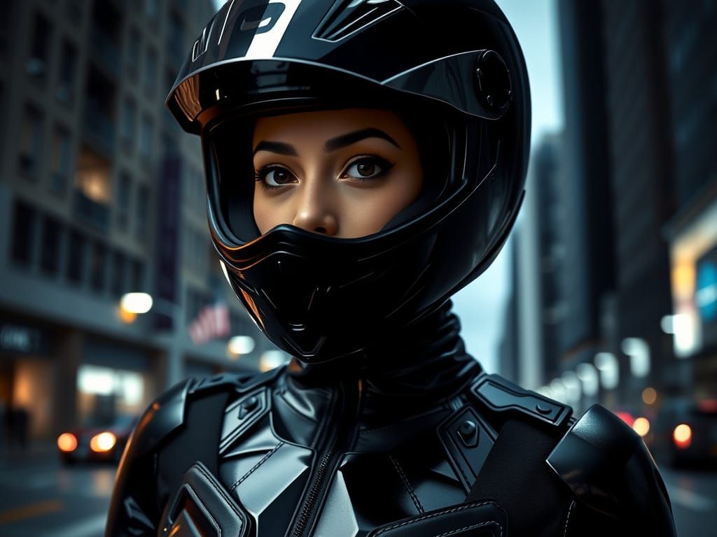 Woman in Motorcycle Gear in City at Night