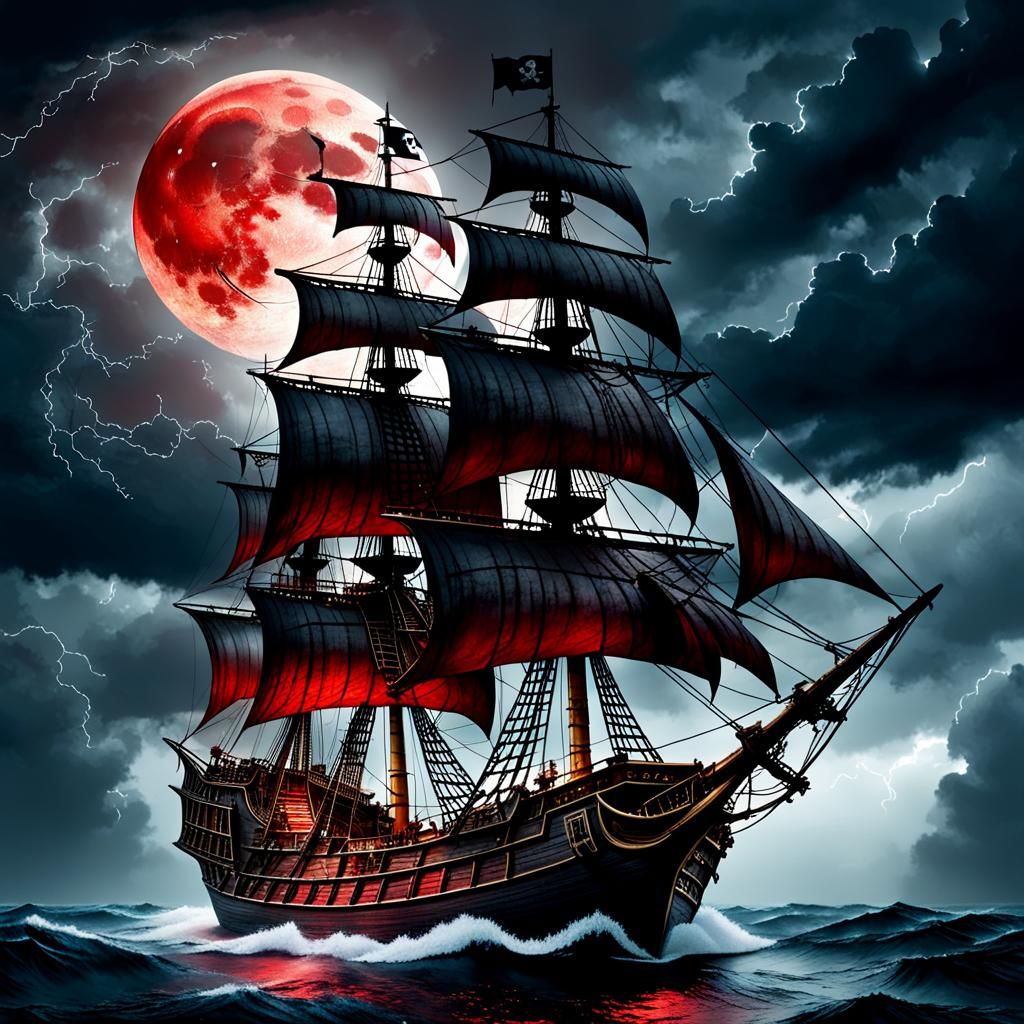 Pirate Ship Sails Stormy Seas Under Blood Moon