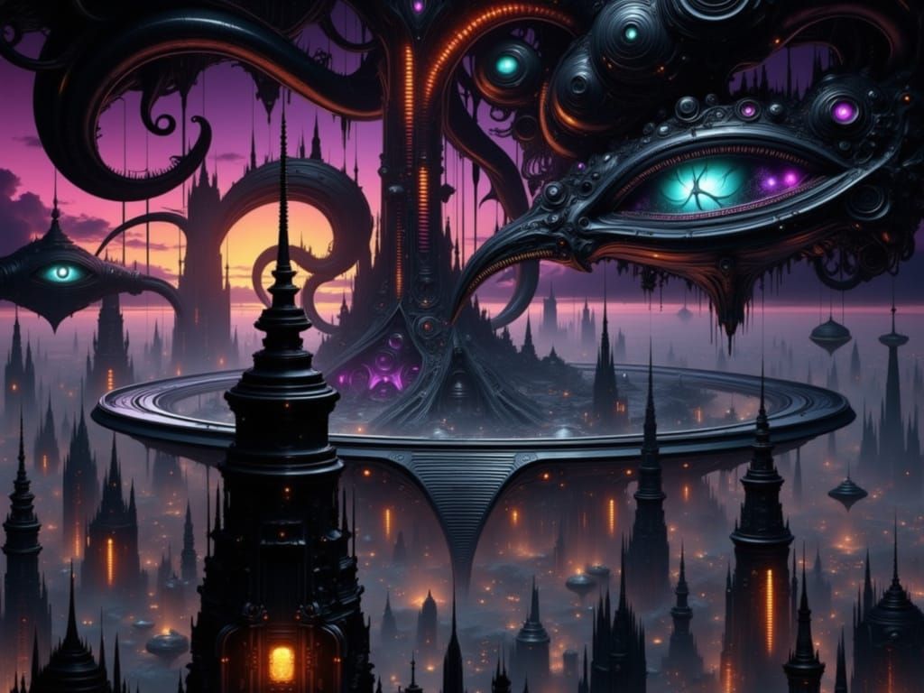 Dystopian Sci-Fi Metropolis with Cultic Spires in Moebius St...