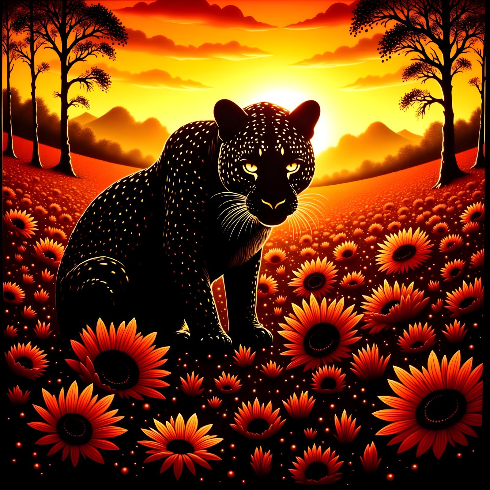 Leopard in Sunflower Field with Blacklit Effect