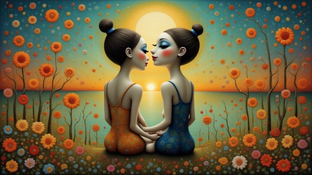 Melancholic Mother with Three Children in Surreal Art Style