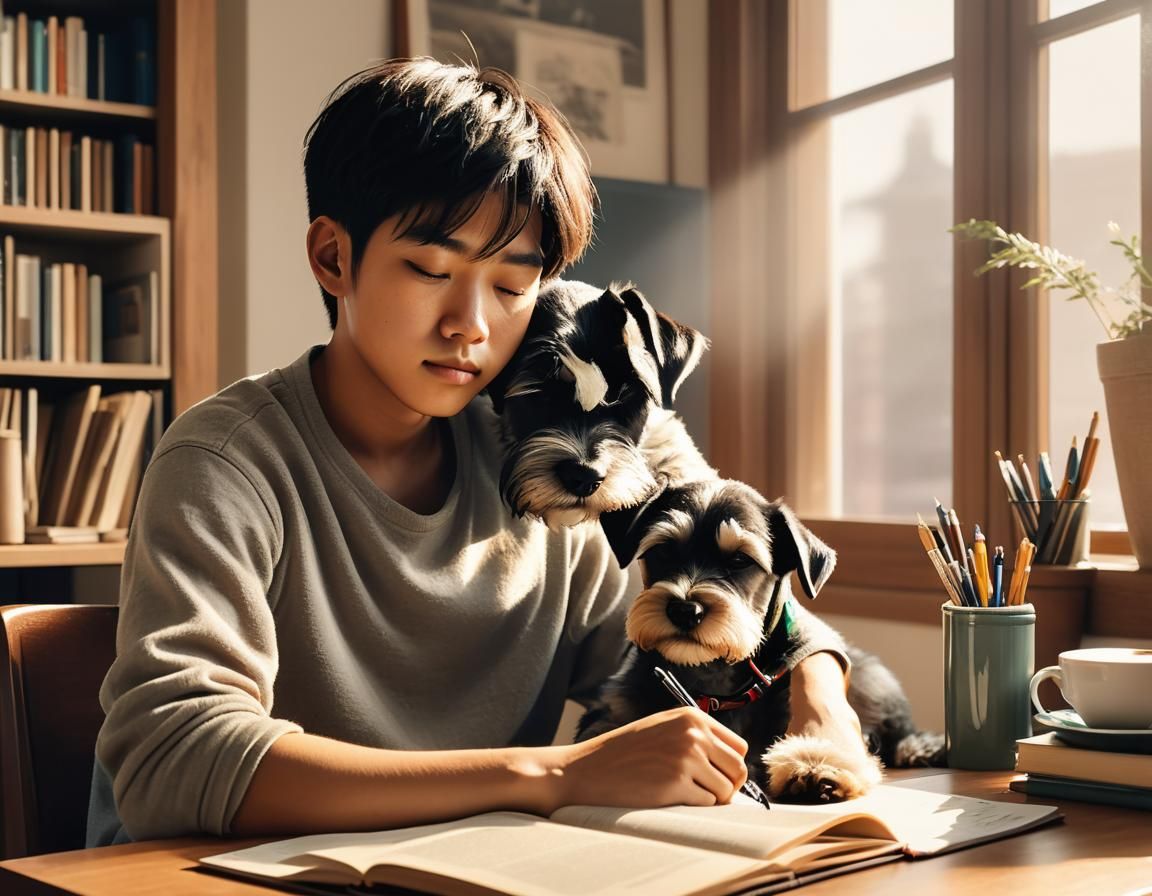 Asian Boy and Schnauzer: Realistic Indoor Scene