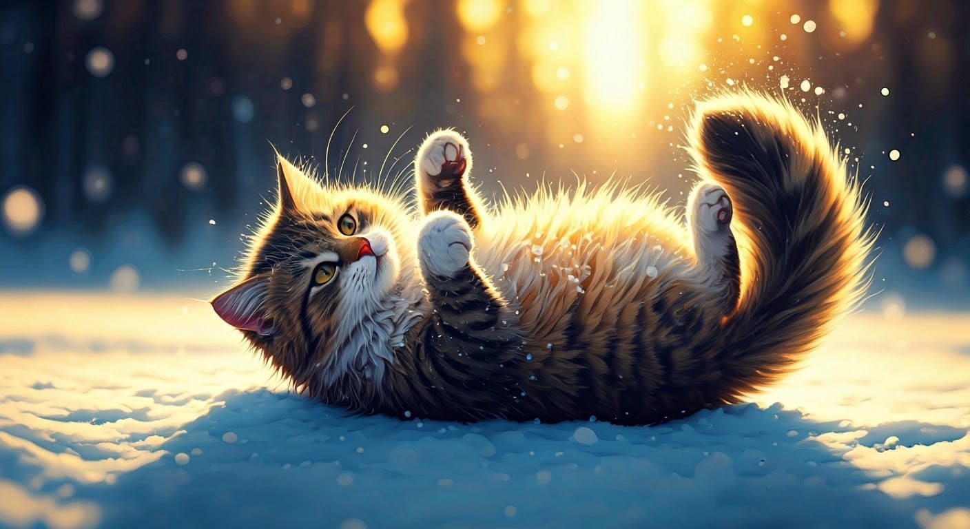 Cat Rolling in Snow: Hyperrealistic Concept Art