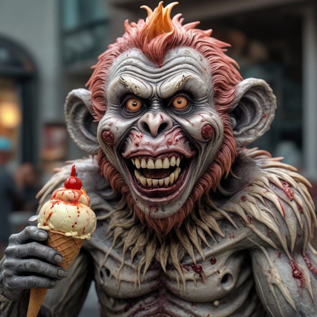 Zombie Monkey Clown Ice Cream Sculpture: Hyperrealistic Art