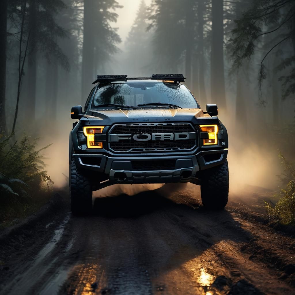 Black Ford Raptor in Misty Forest: Hyperrealistic HDR