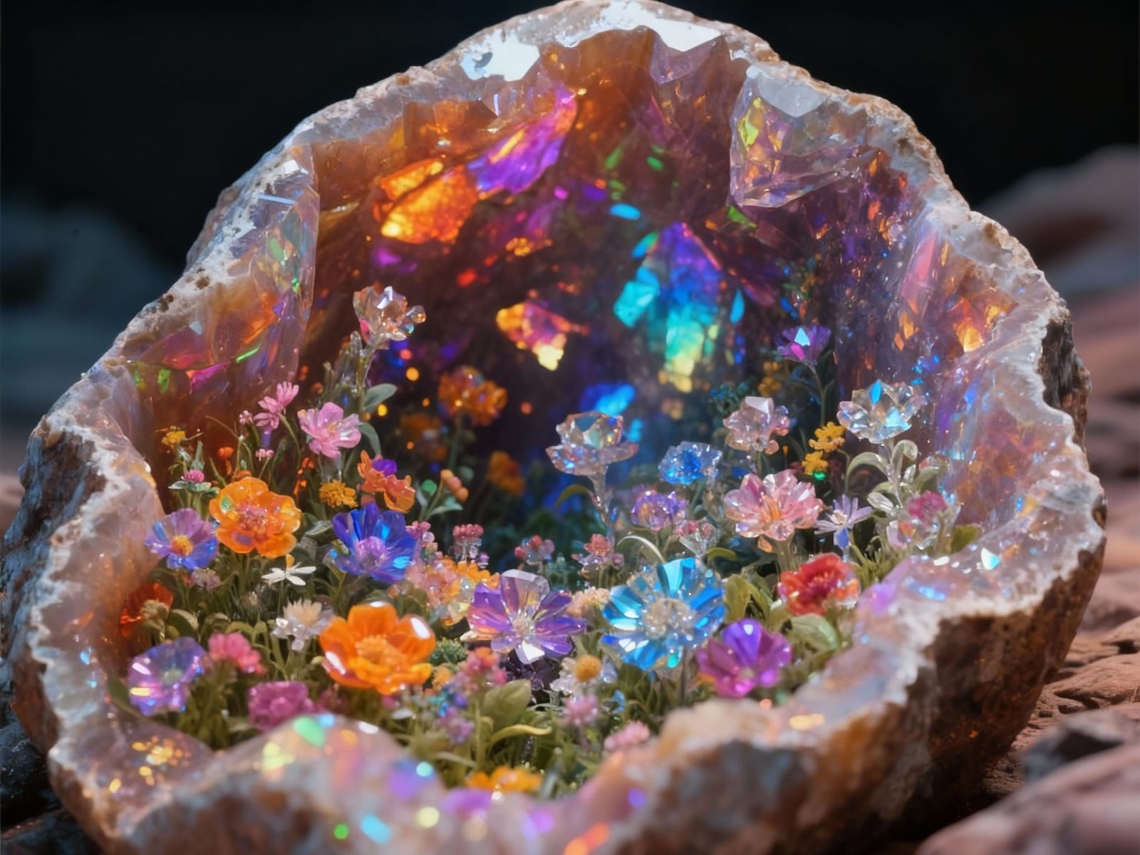 Iridescent Fire Opal Geode Resembling Crystal Garden
