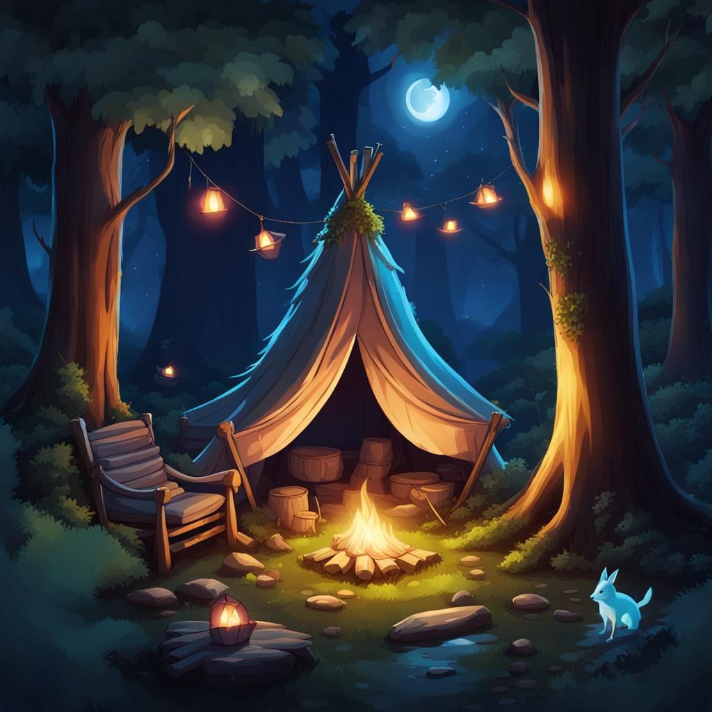 Enchanted Fairy Camp in Night Forest