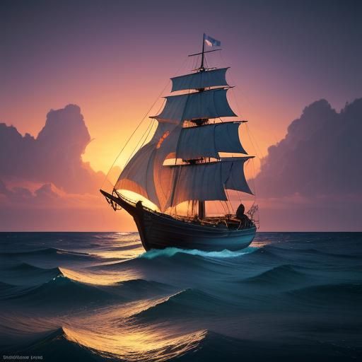 Rowboat on Bioluminescent Ocean at Sunset