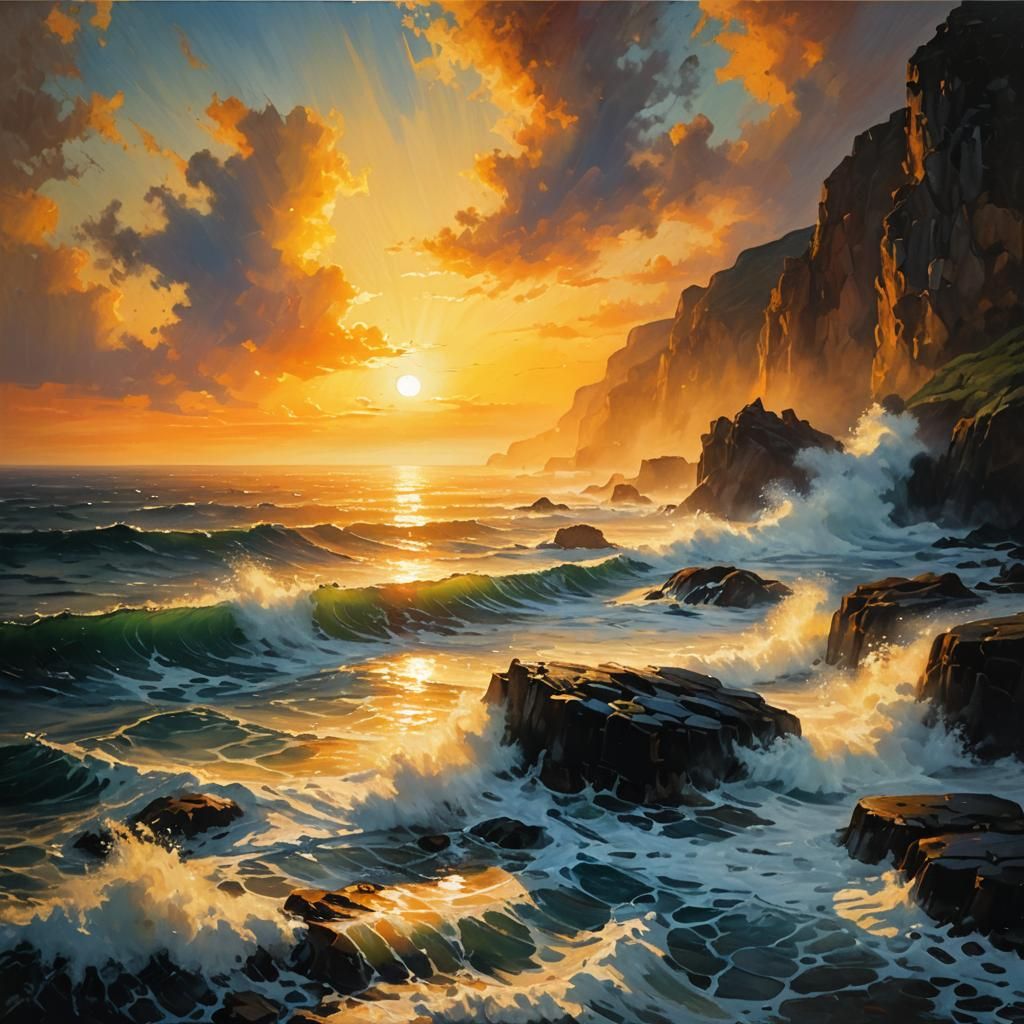 Impressionist Seascape at Sunset in Claude Monet Style