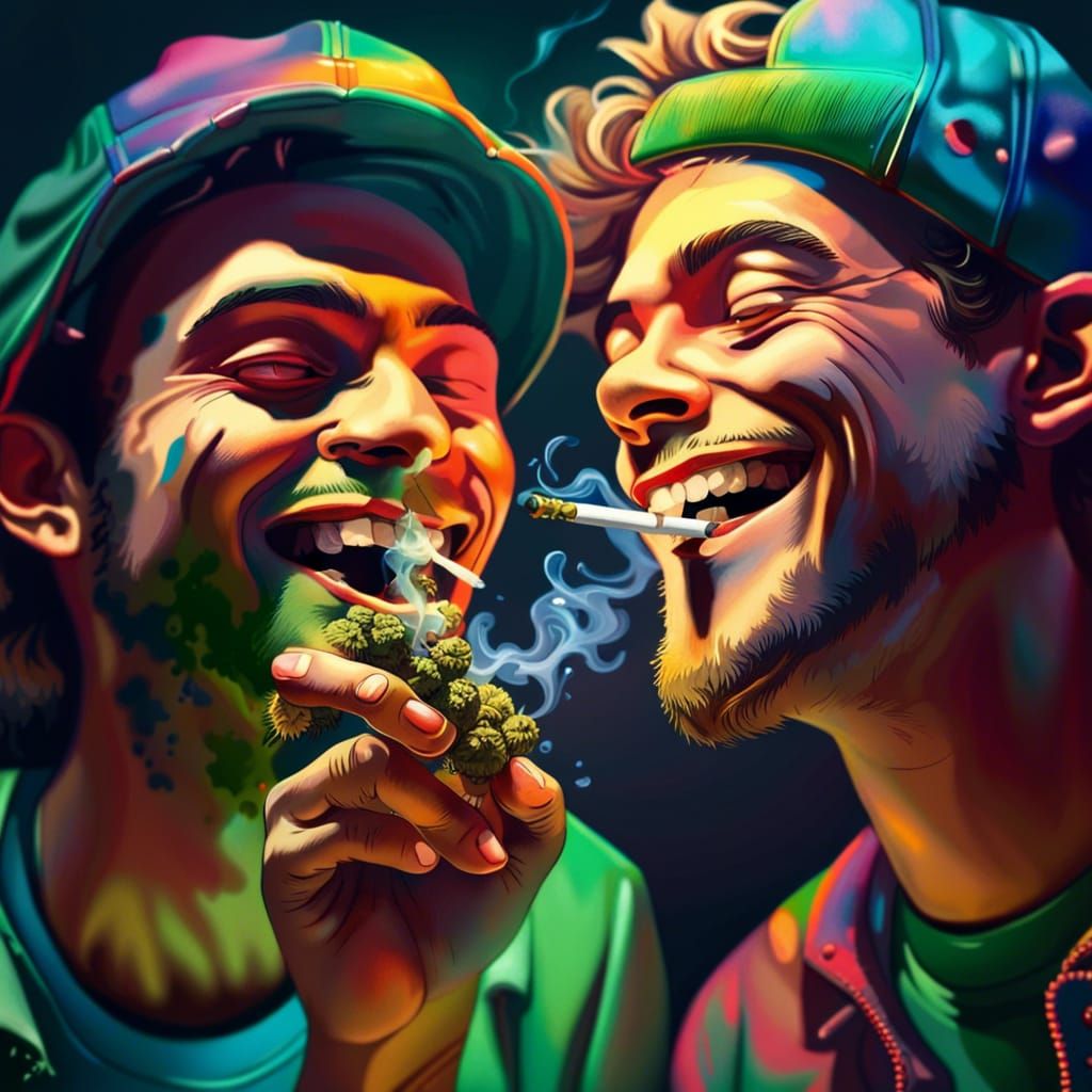 Friends Sharing a Joint in Hyperrealistic Style