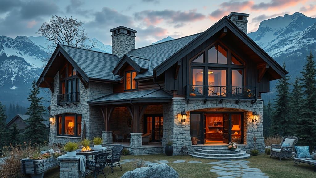 Luxury Rustic Cabin in Mountain Landscape, Digital Art