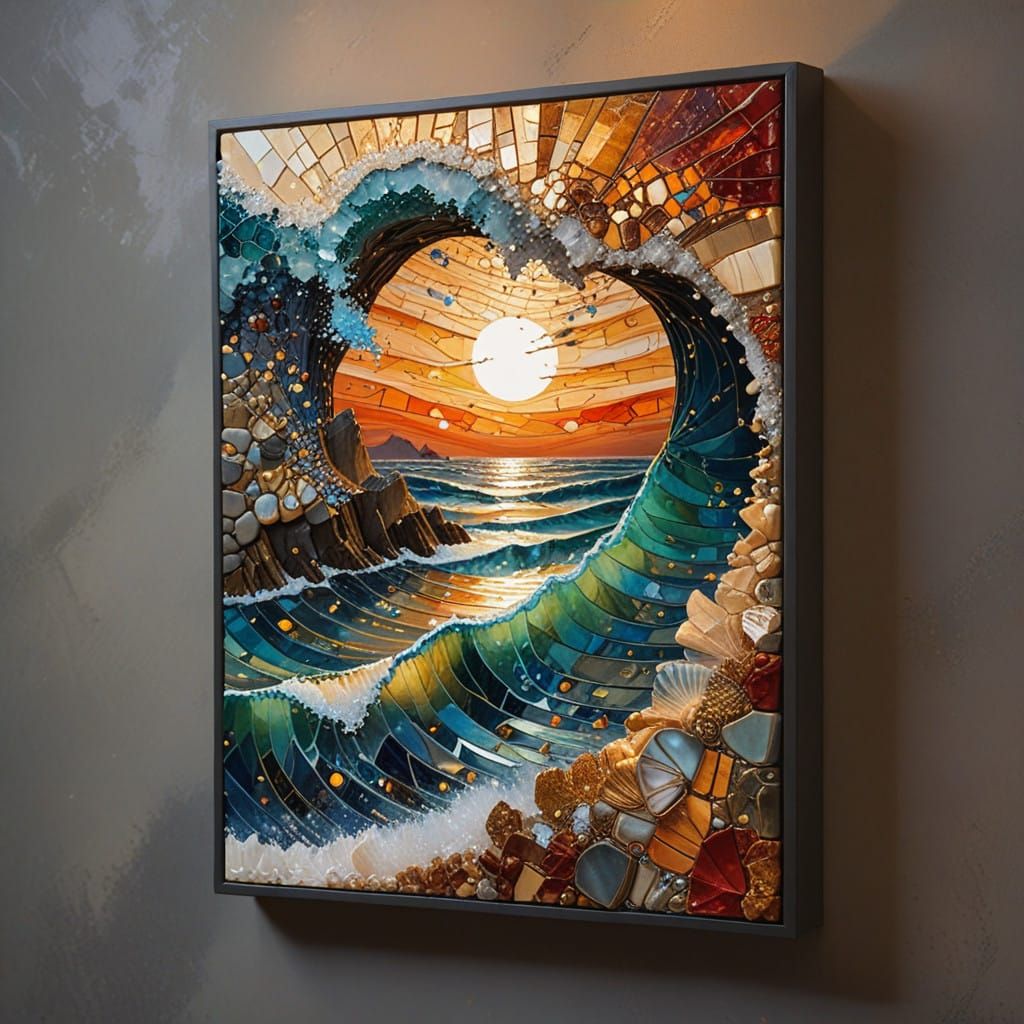 Dreamlike Ocean Sunset in Whimsical Kintsugi Art