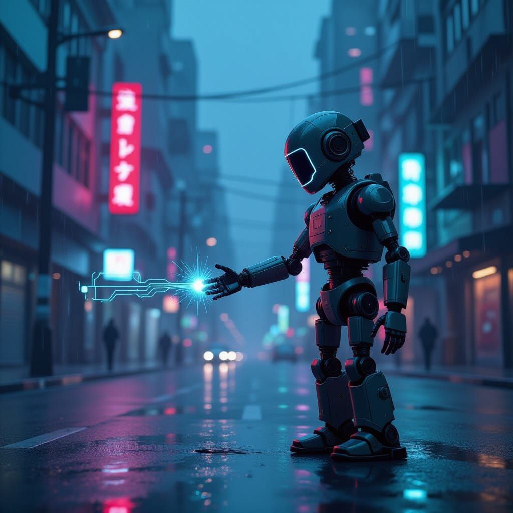 Weathered Robot in Neon Metropolis at Dusk