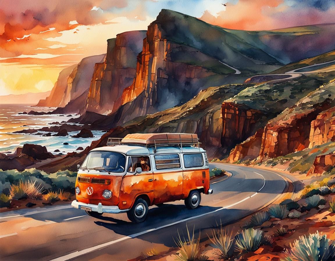 Westfalia Van on Ocean Road at Sunset Watercolor