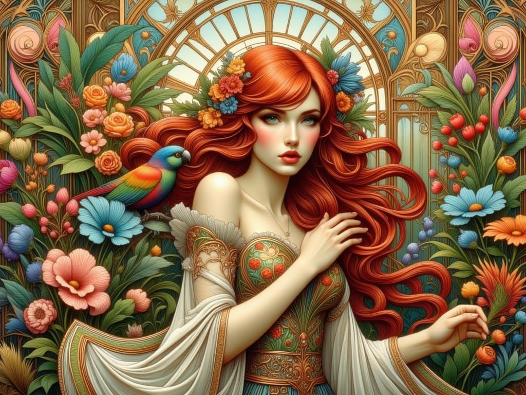 Art Nouveau Woman in Exotic Greenhouse