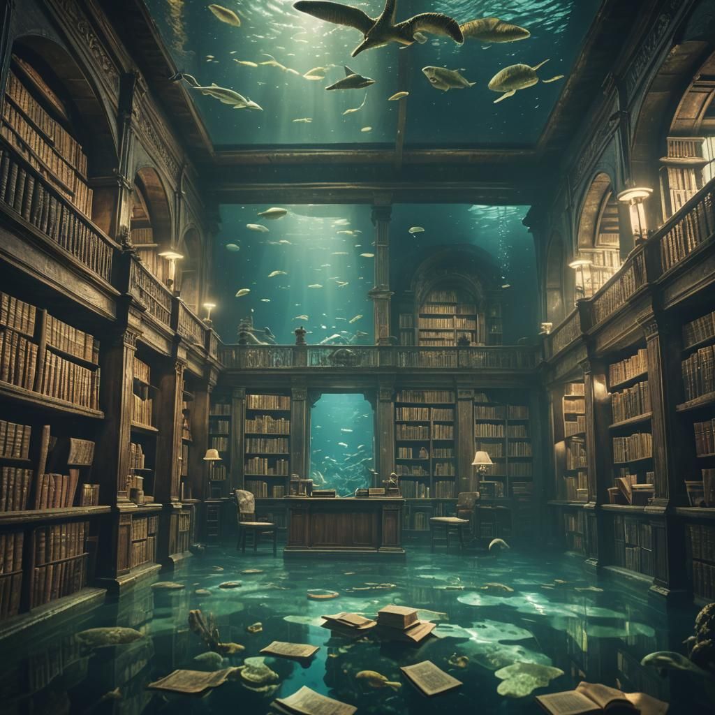 Underwater Ancient Library: Cinematic Film Still