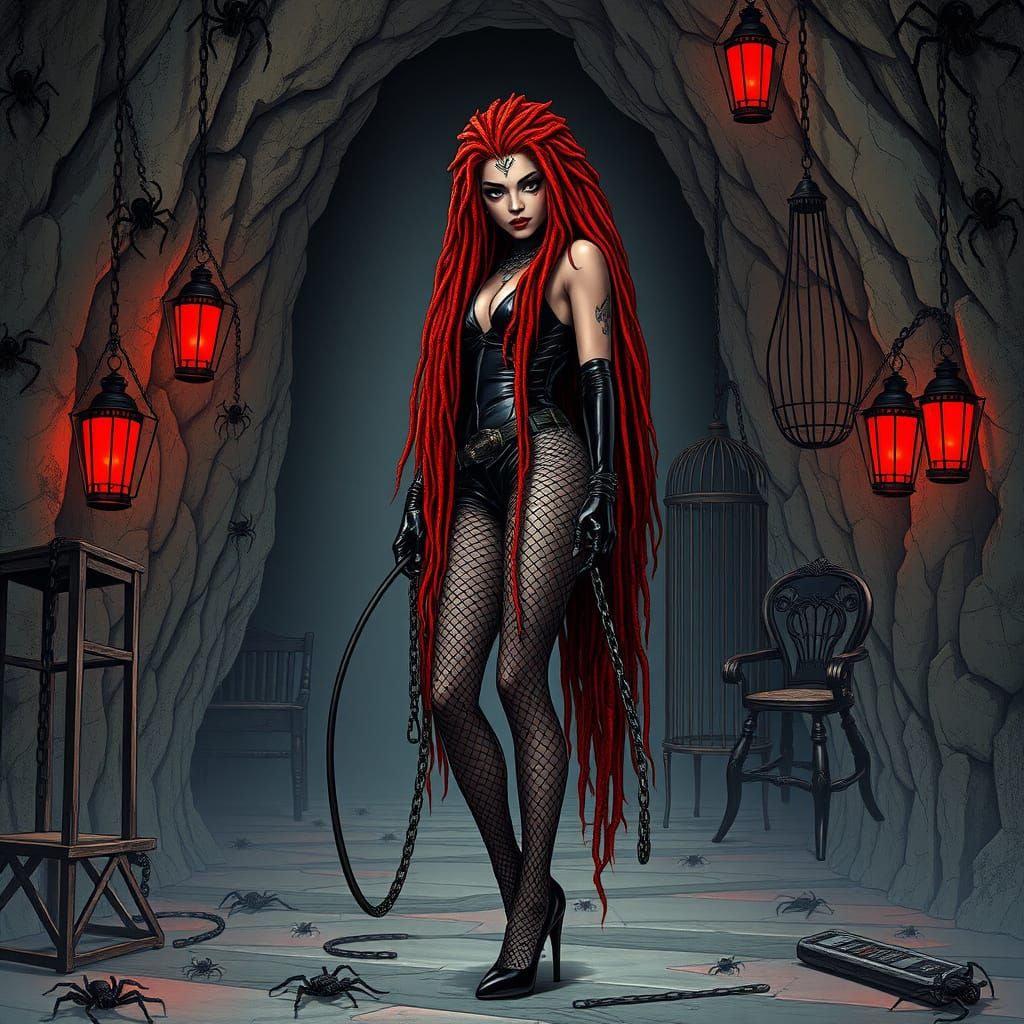 Dark Dominatrix in Black Leather and Steel, Surrounded by Go...