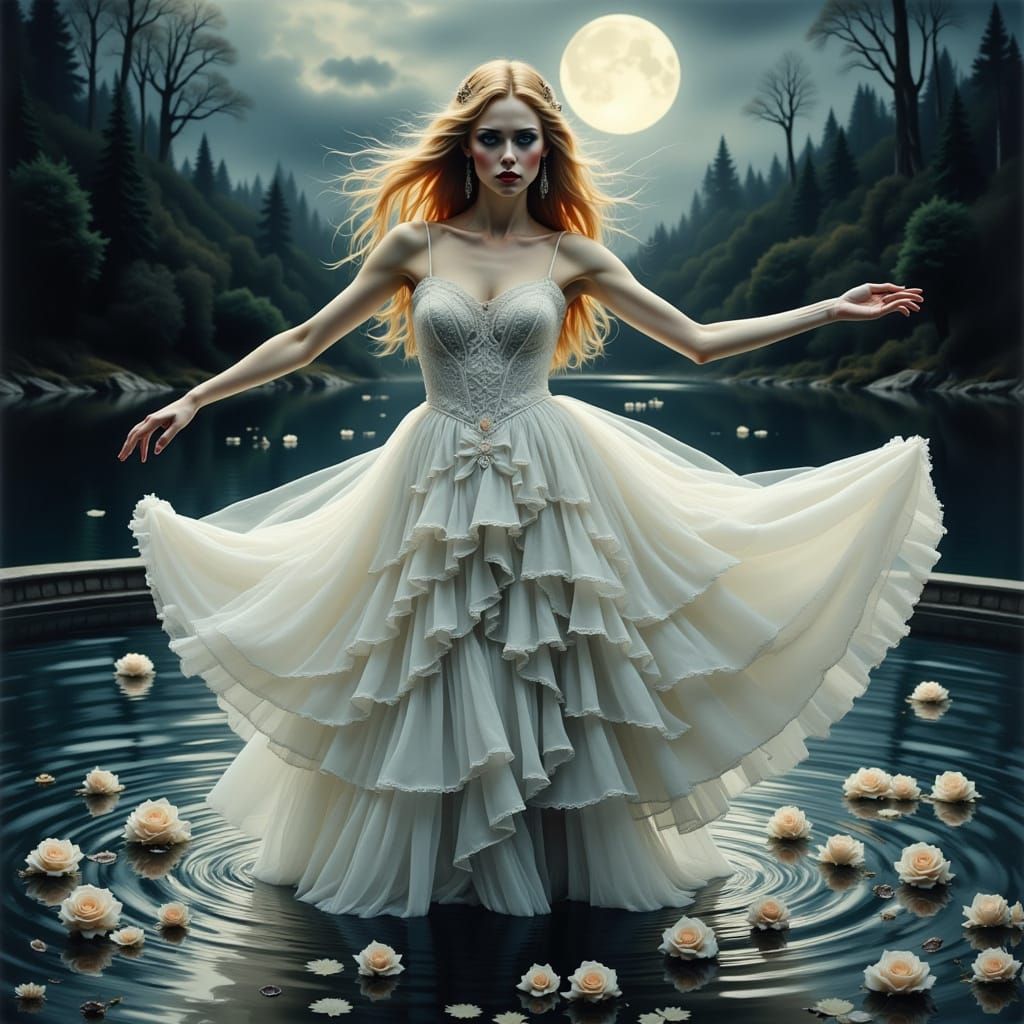 Gothic Lady Dances Under Moonlight in a Serene Lake Scene